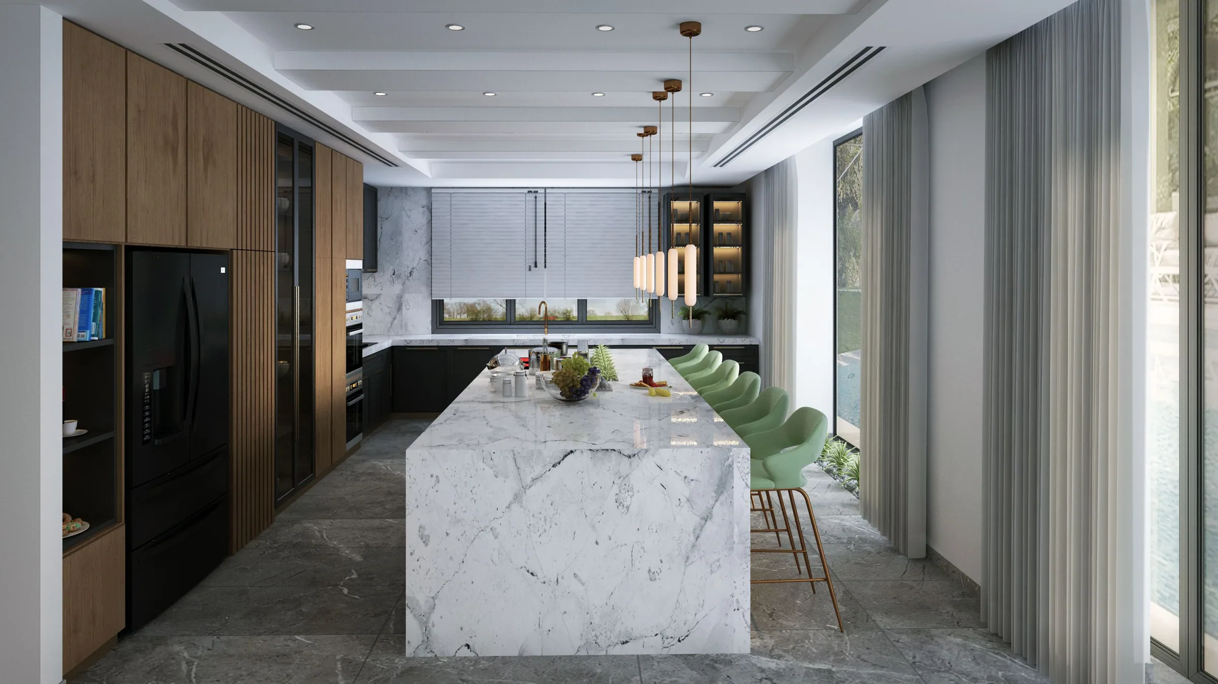Modern kitchen with a marble island, timber cabinetry and pendant lights